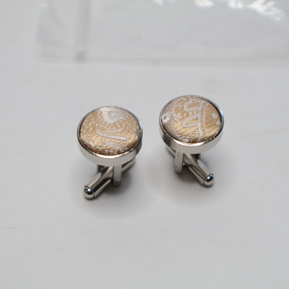 Vintage Style Silver Tone Round Cufflinks Gold White Paisley Brocade Inlay